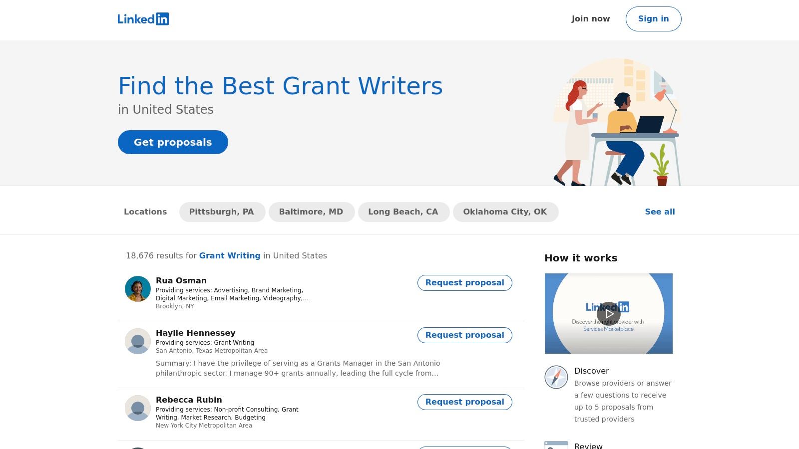 LinkedIn Services Marketplace showing grant writer service providers with their headlines and locations.