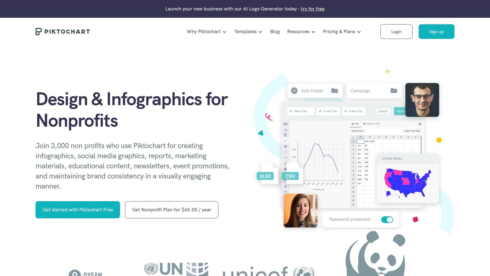 A screenshot of Piktochart's interface showing various templates for reports and infographics, highlighting its focus on data visualization.