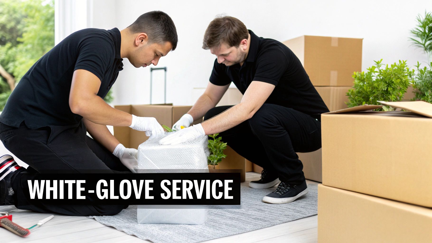Two professional movers in white gloves carefully wrap items with bubble wrap for a white-glove service.