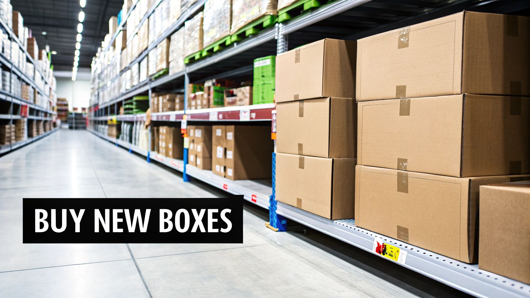 A long aisle in a warehouse with shelves full of stacked cardboard boxes, with text 'BUY NEW BOXES'.