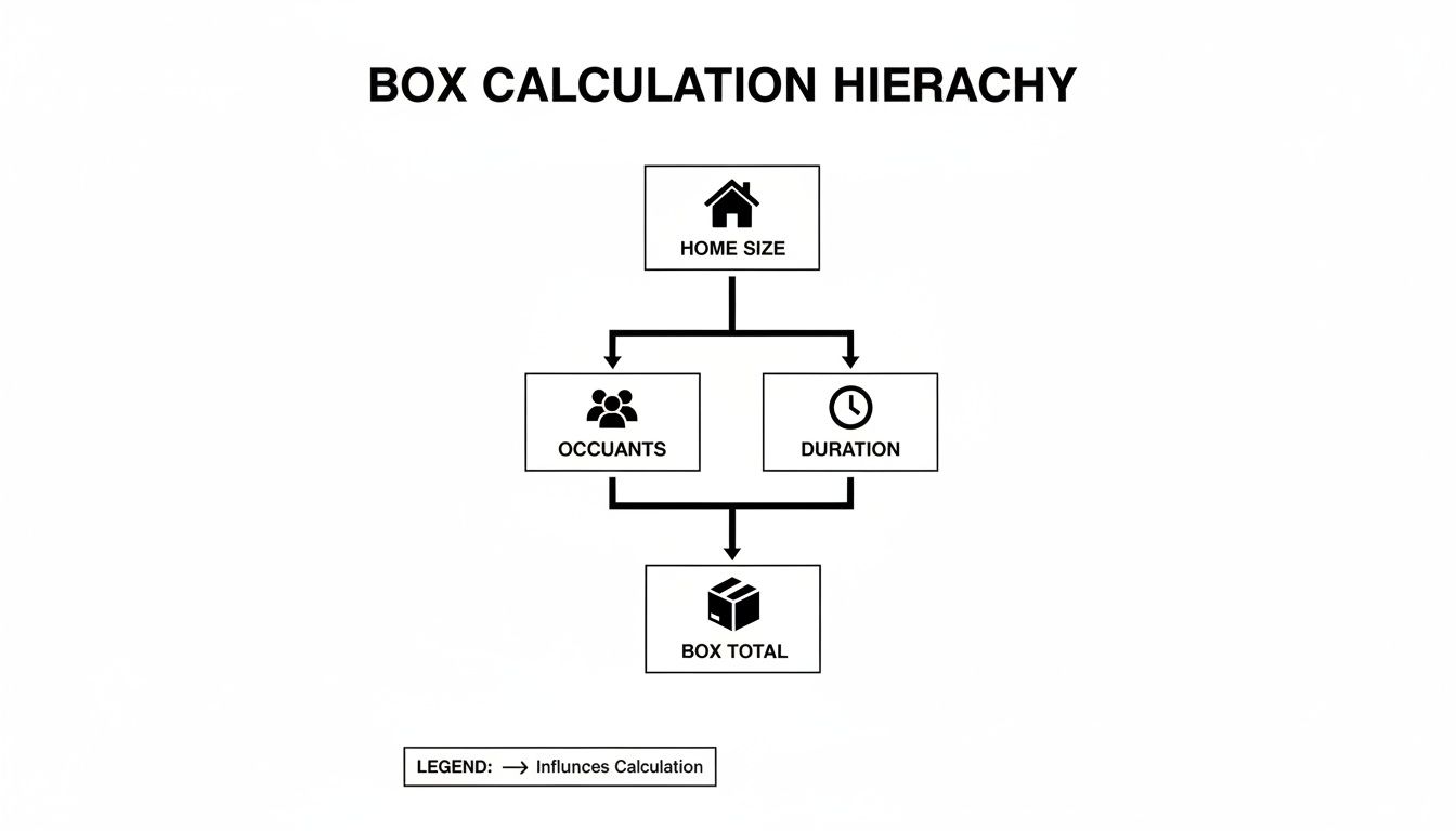 Flowchart illustrating the box calculation hierarchy: Home size influences occupants and duration, which determine the box total.
