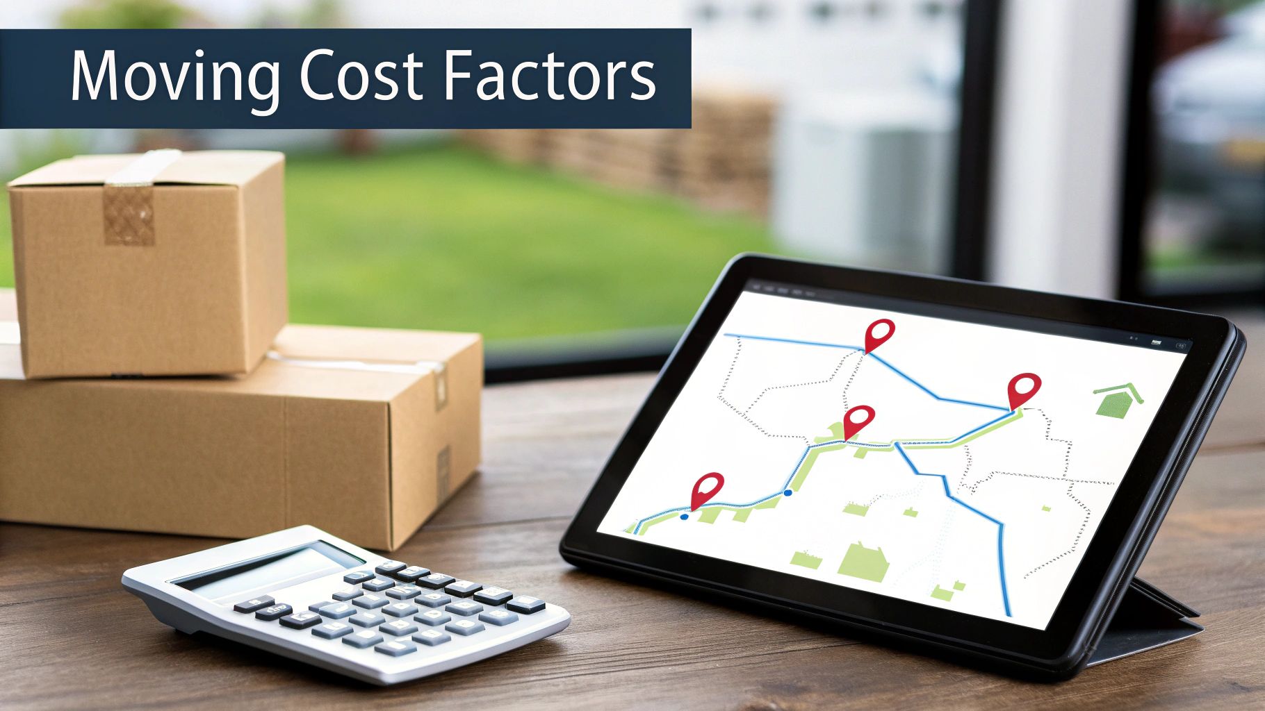 Desk with moving boxes, a calculator, and a tablet displaying a moving route map for cost estimation.