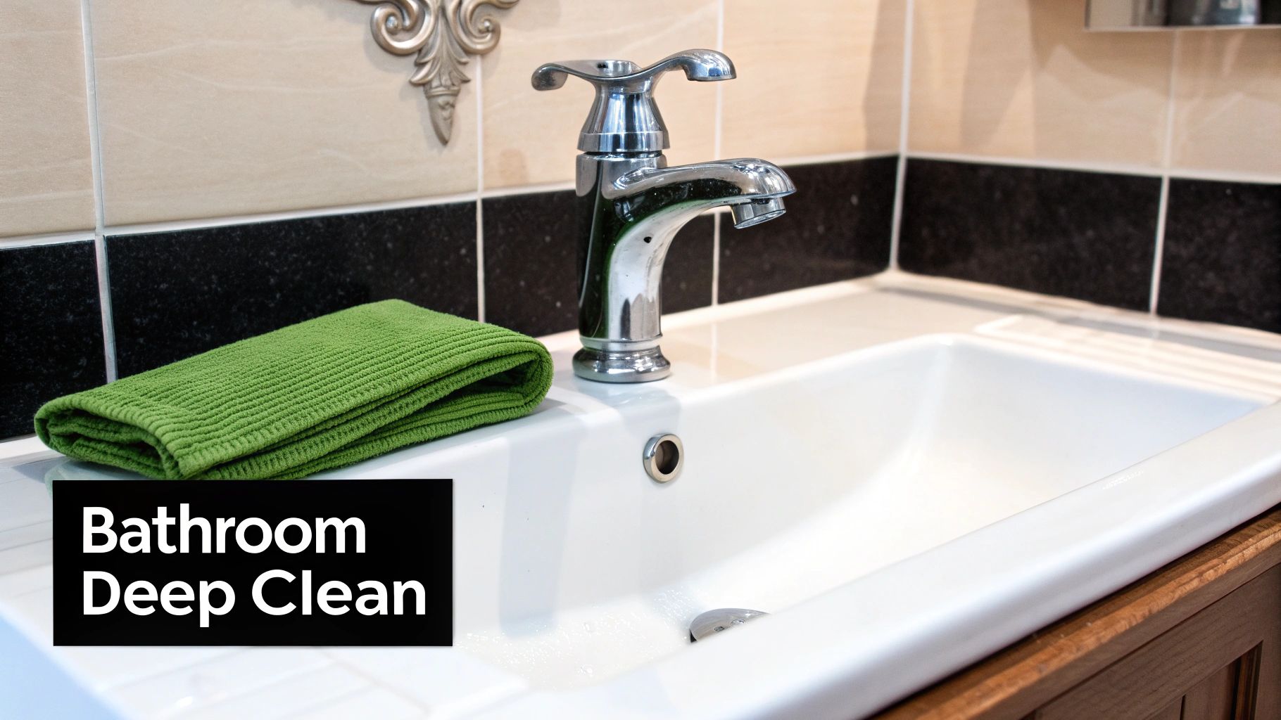 Close-up of a sparkling clean bathroom sink with a polished faucet and a folded green towel.
