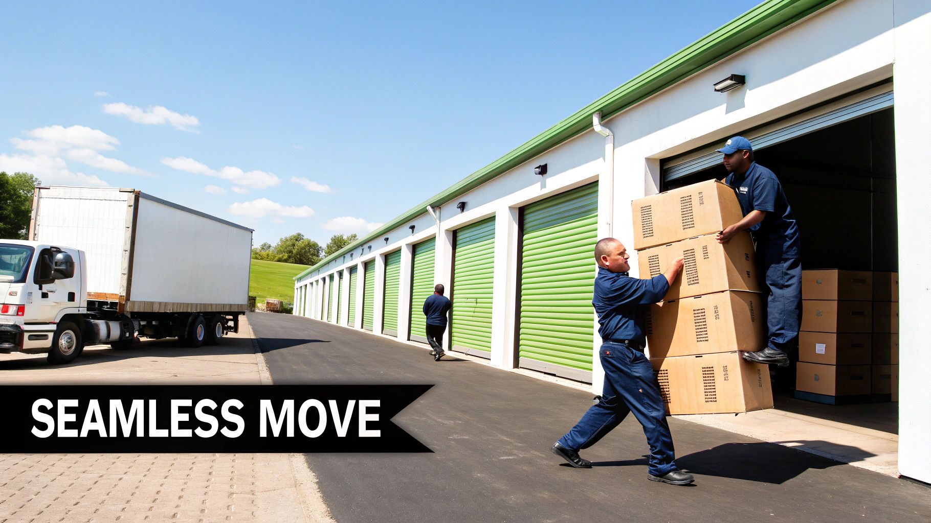Two professional movers in blue uniforms carry a stack of boxes towards a self-storage unit.
