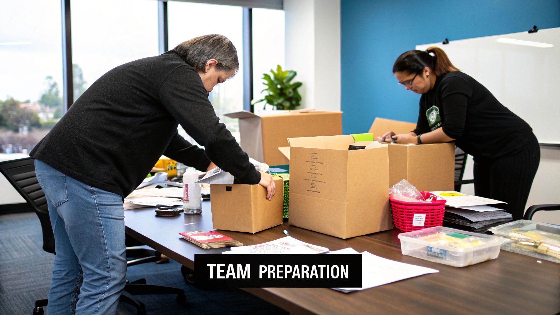 Employees in an office collaborating and preparing their workstations for an upcoming move.
