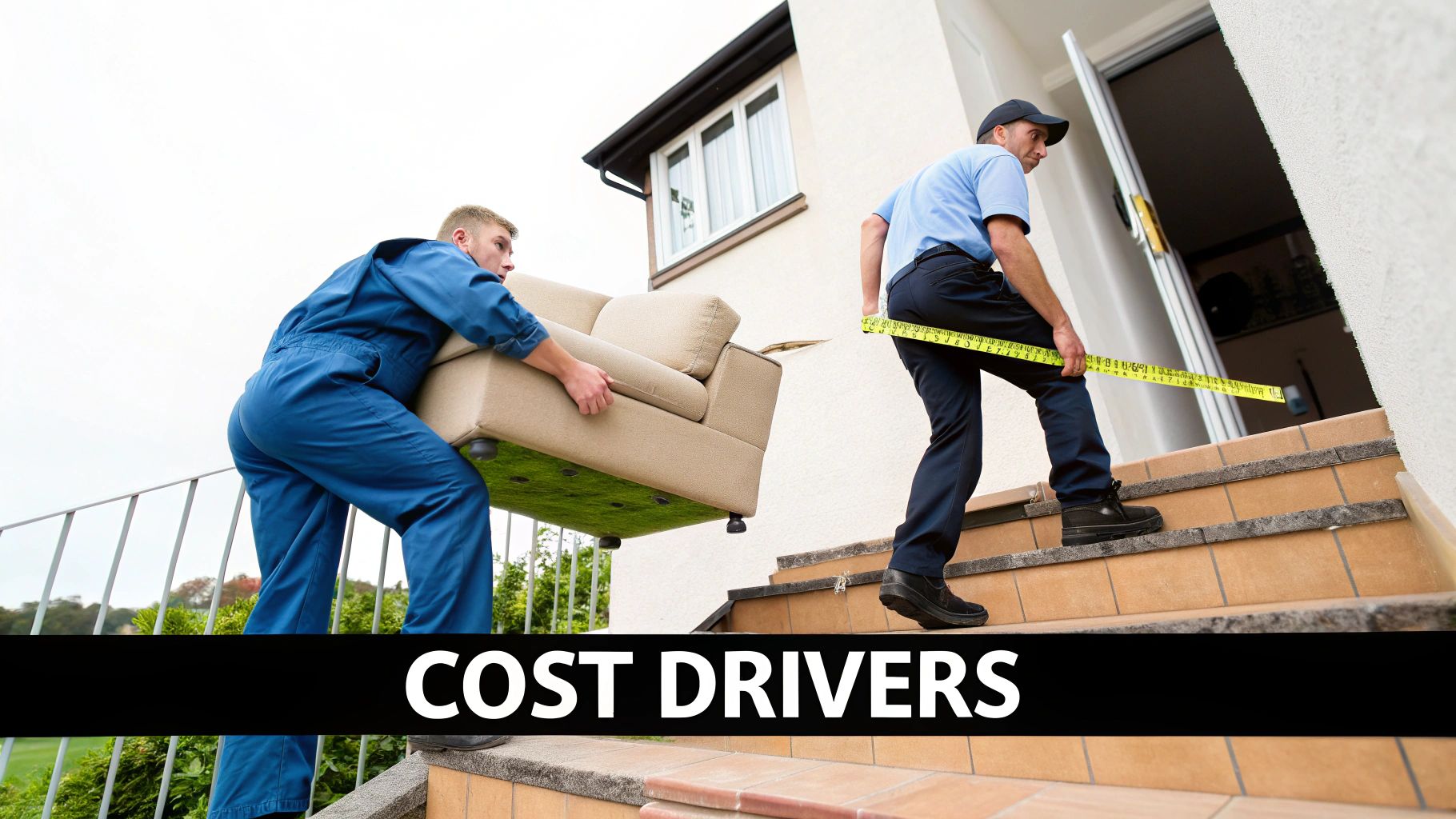 Two movers carrying a beige sofa up outdoor stairs towards a house, one measuring with a tape, with 'COST DRIVERS' text.