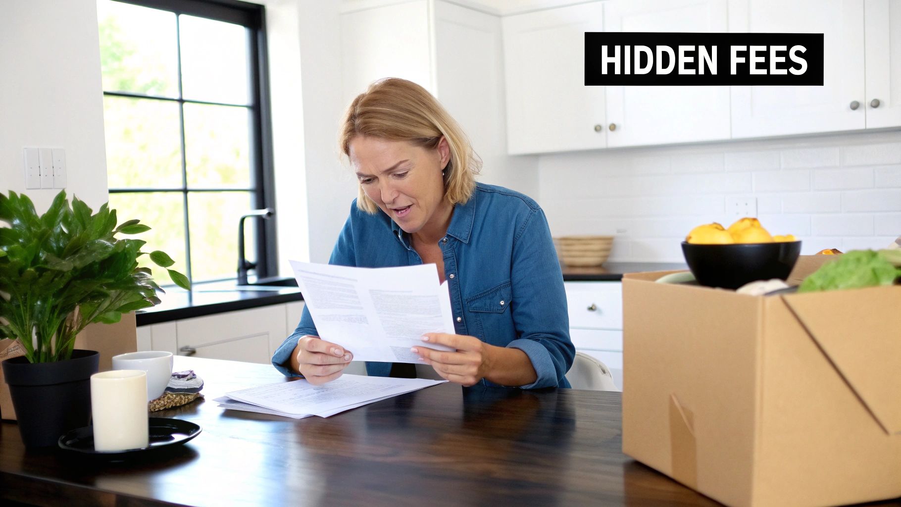 A concerned woman reviews documents at a table with a moving box and 'HIDDEN FEES' text.