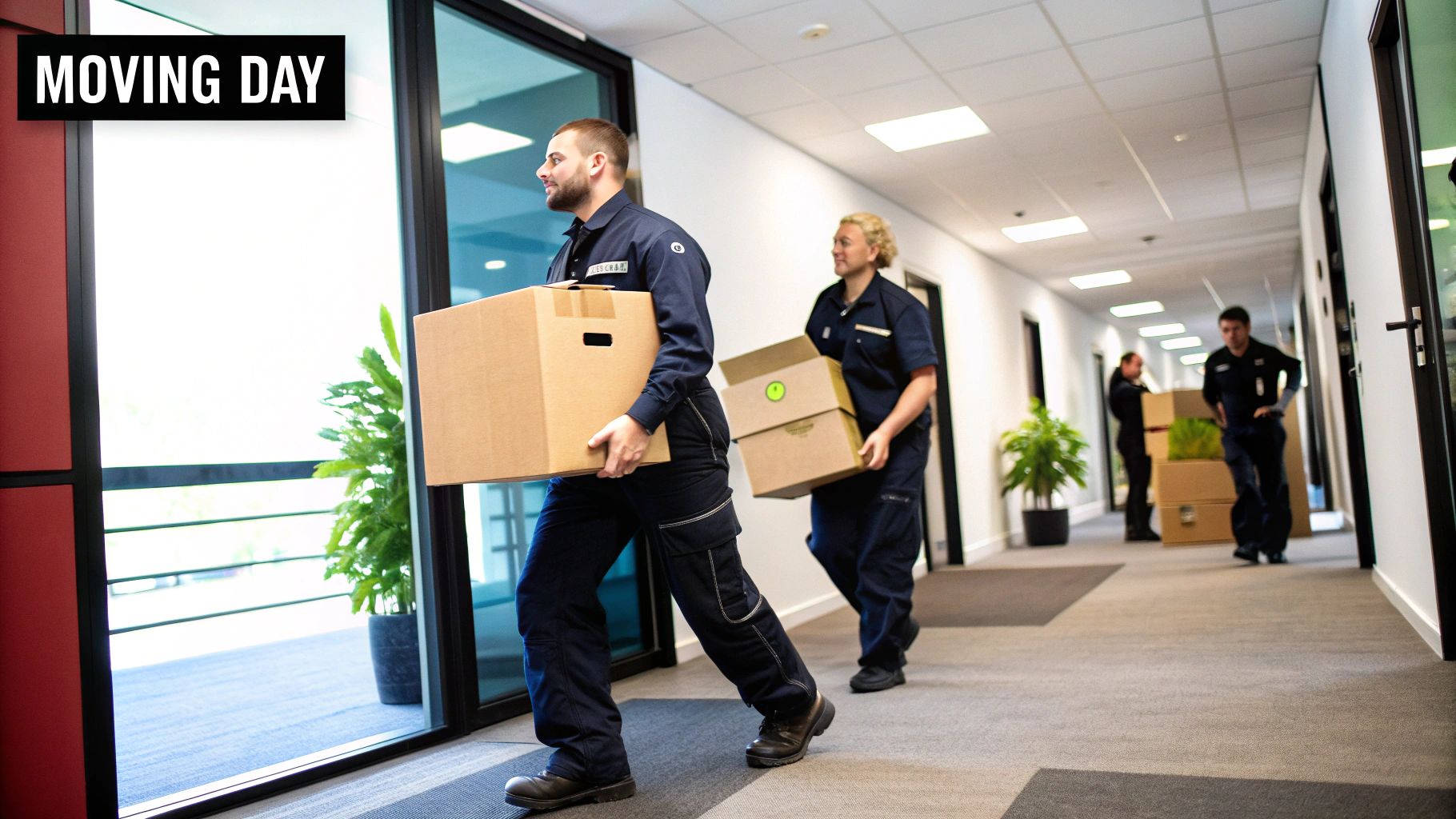 A professional moving team efficiently and carefully executing an office move on moving day.