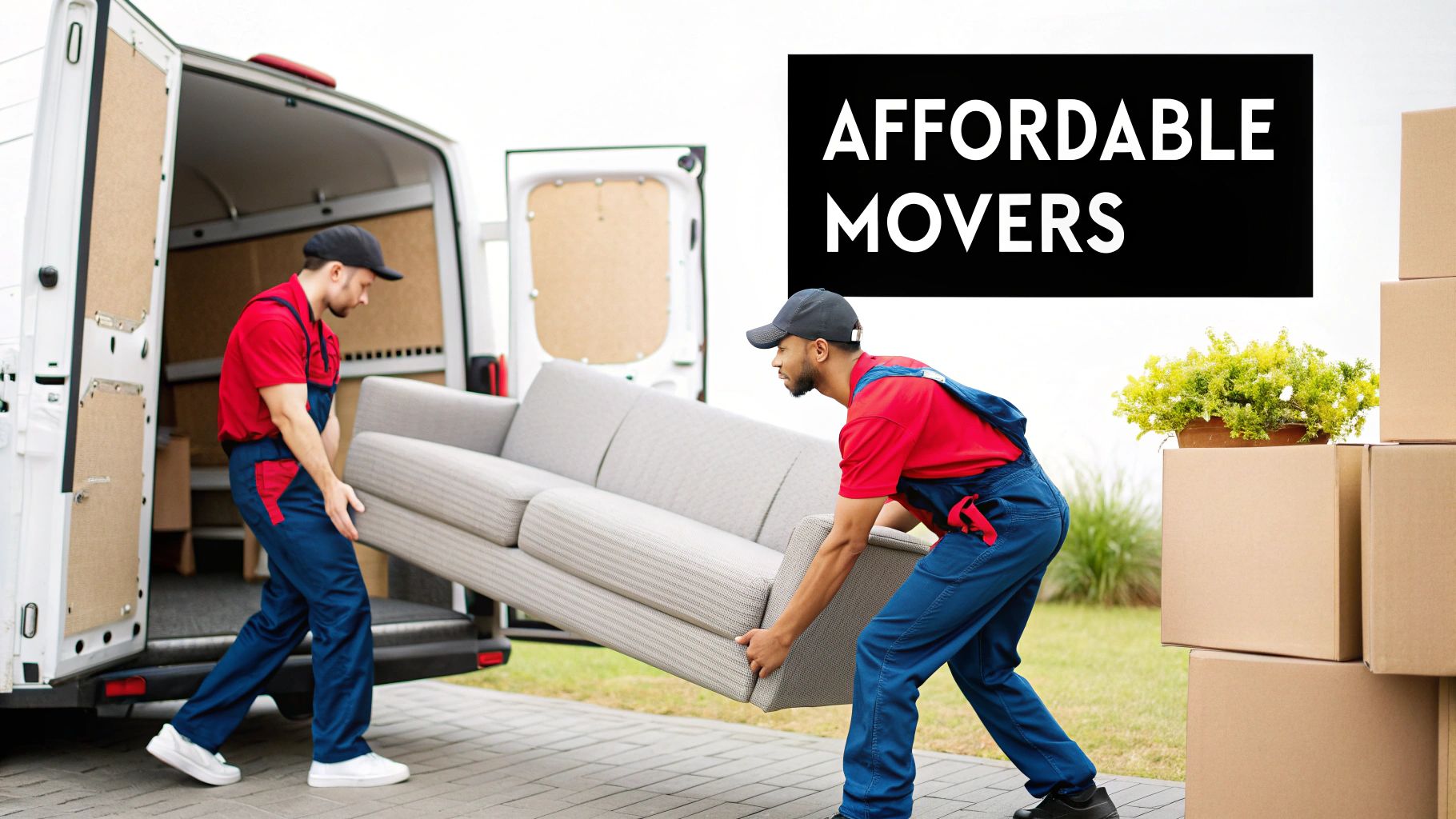 Two professional movers loading a grey sofa into a white moving van, with boxes nearby.