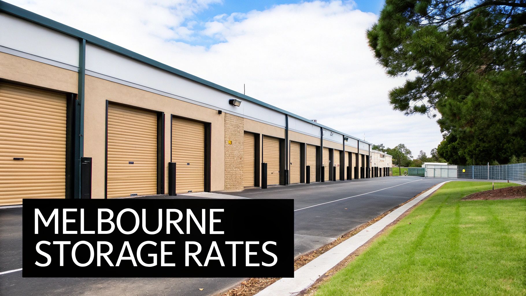 A long row of beige self-storage units with tan roller doors, an asphalt drive, and green grass.