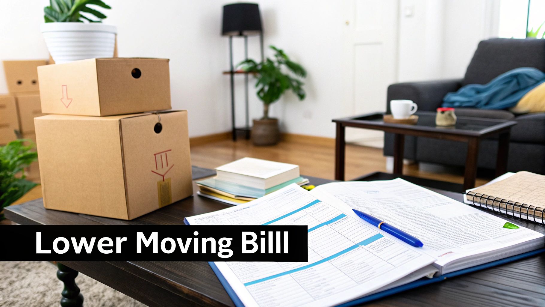 Person planning a move, reviewing documents and costs with moving boxes nearby.