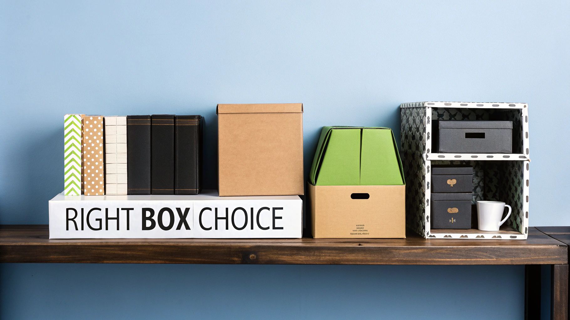 A collection of colorful and plain storage boxes arranged on a wooden shelf against a blue wall.