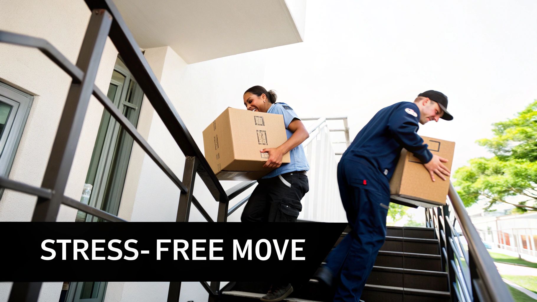 Professional movers carrying cardboard boxes up stairs during residential relocation service