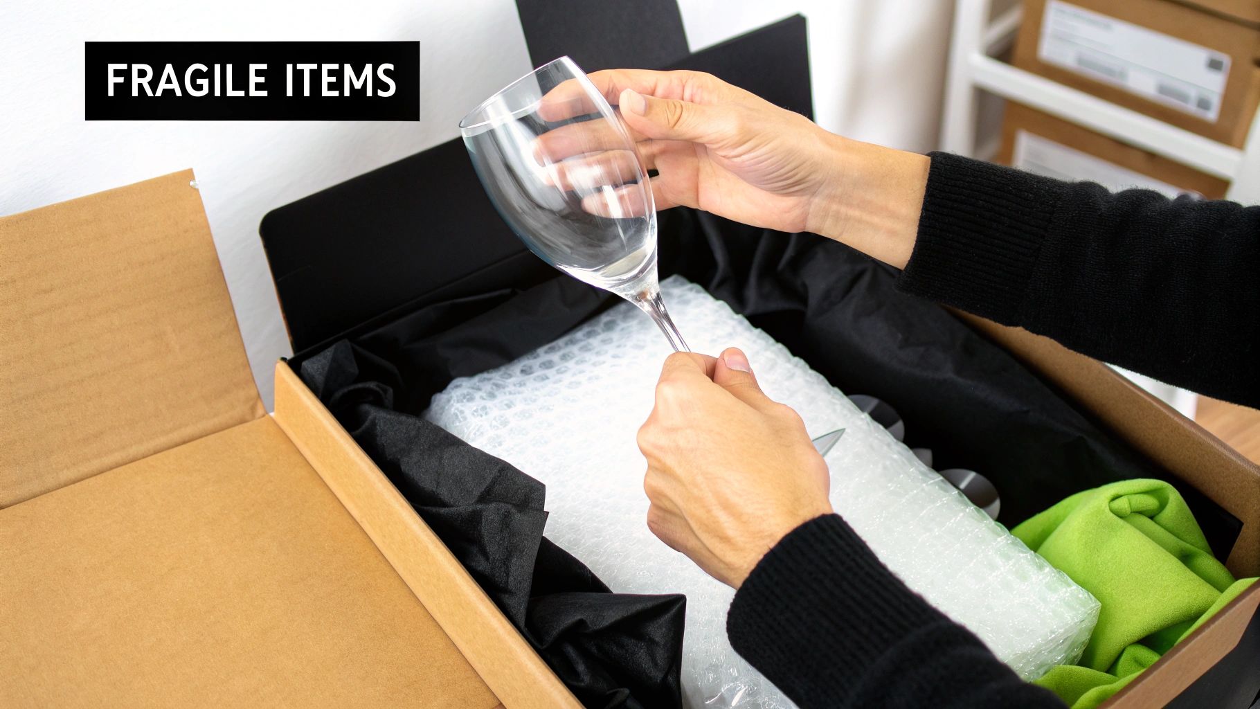 Hands carefully pack a fragile wine glass into a moving box with bubble wrap and tissue paper, labeled 'FRAGILE ITEMS'.