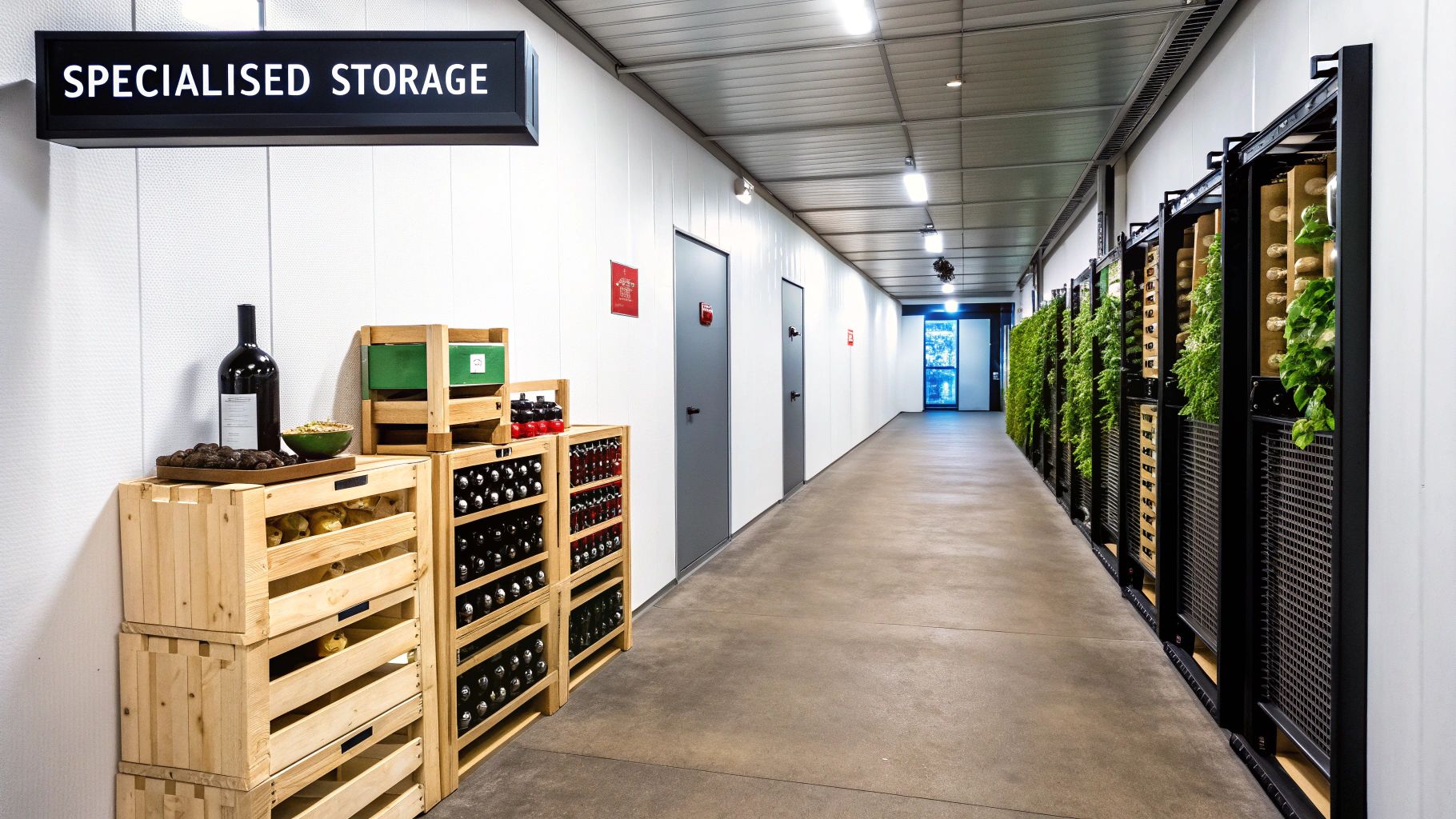 Inside a specialized storage facility showing wine, truffles, and a vibrant vertical garden.