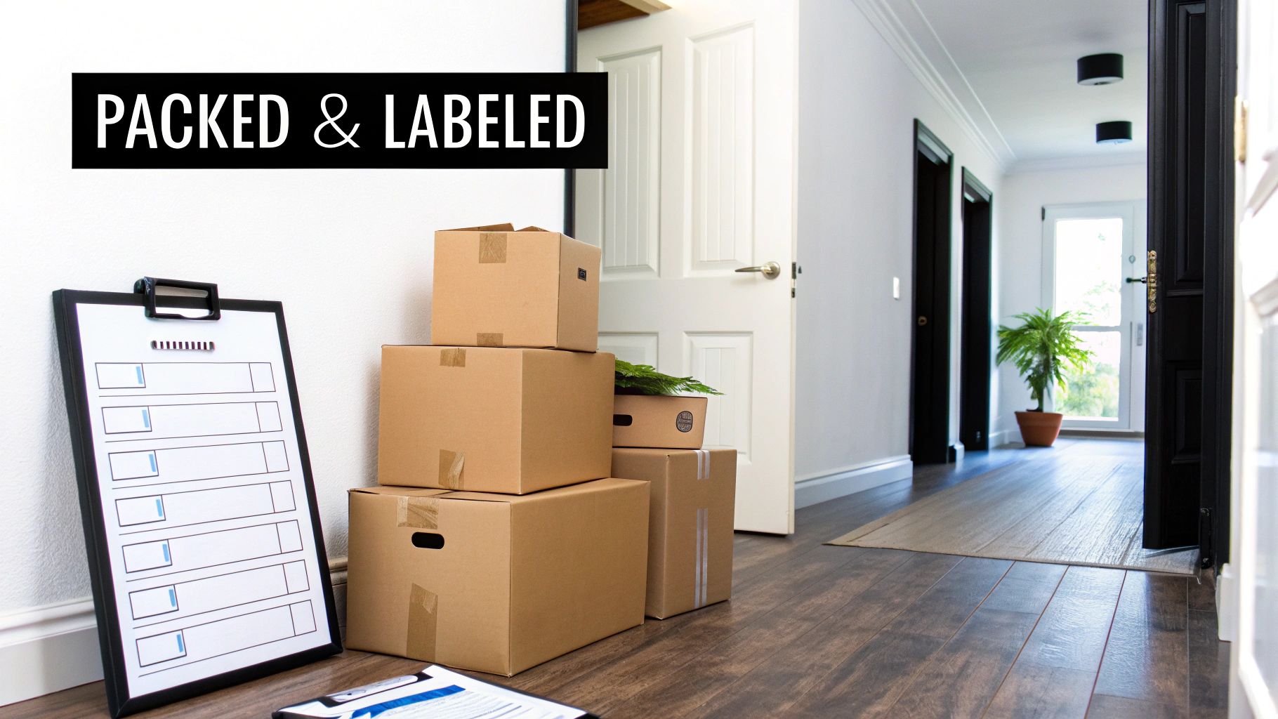 A customer pointing out a specific box to a mover in a living room filled with packed boxes.