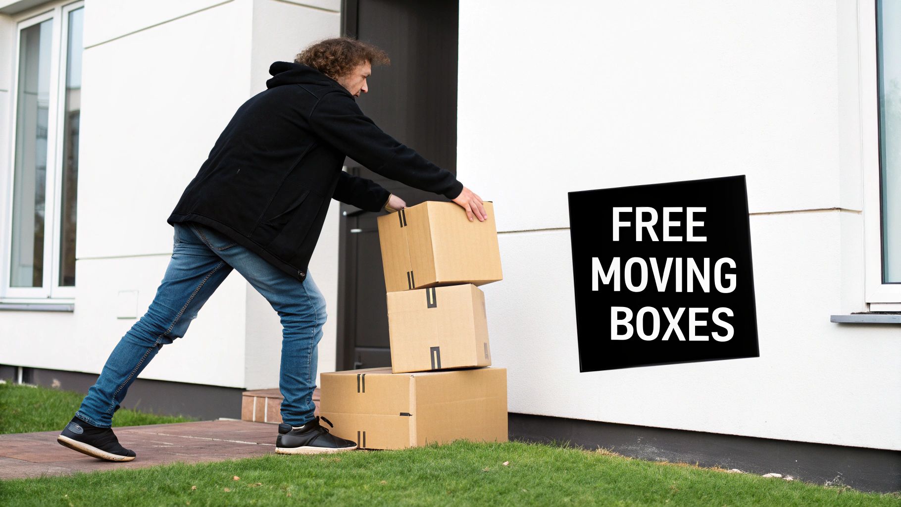 A man carries stacked cardboard boxes next to a 'FREE MOVING BOXES' sign outside a house.