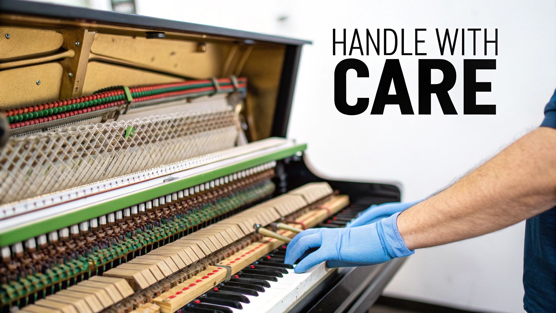 A person in blue gloves works on the intricate internal mechanism of an upright piano, with text 'HANDLE WITH CARE'.