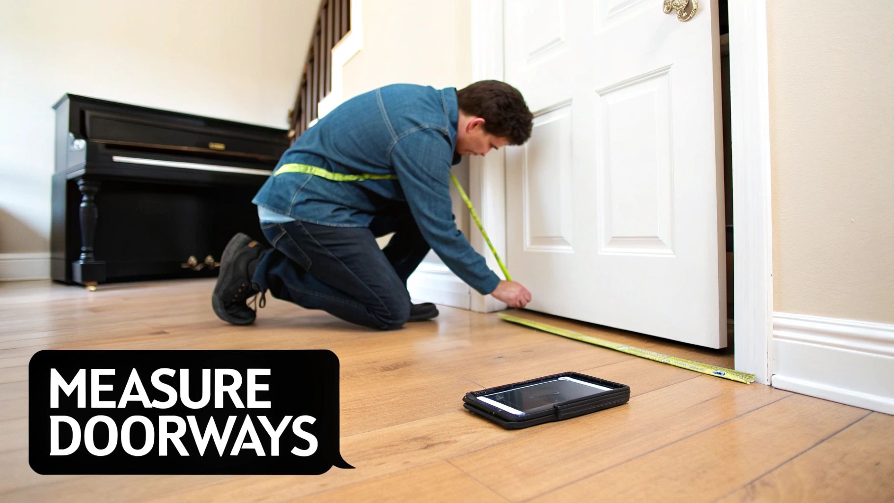 A man kneels to measure a white doorway with a yellow tape measure, with a piano in the background.