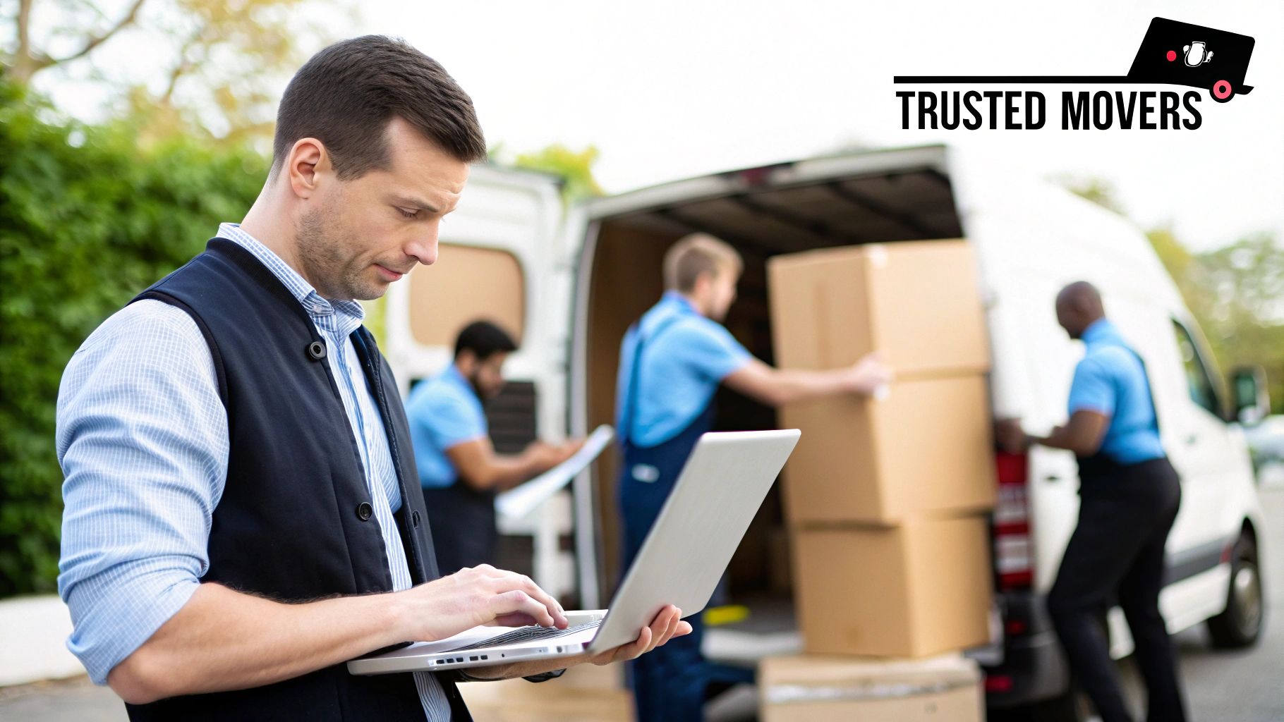 A moving company team member with a clipboard, speaking to a customer in front of a moving truck.