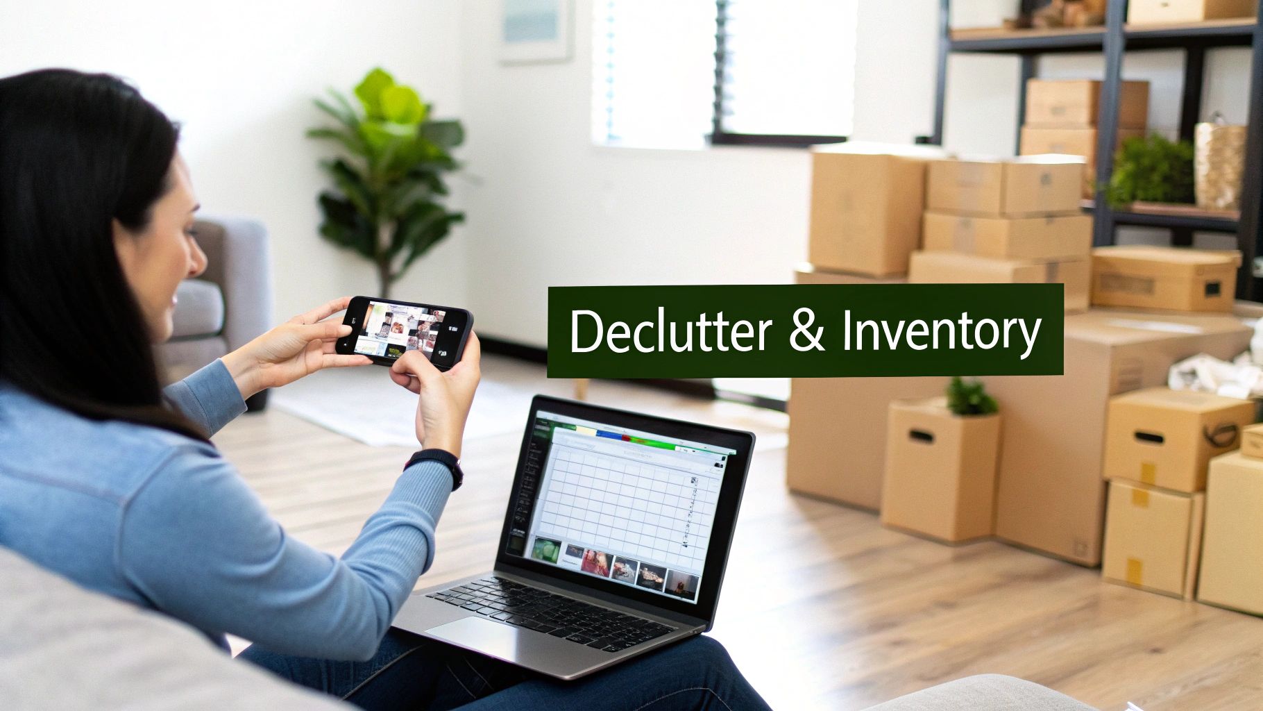 A woman uses a phone and laptop to declutter and inventory items, surrounded by moving boxes.