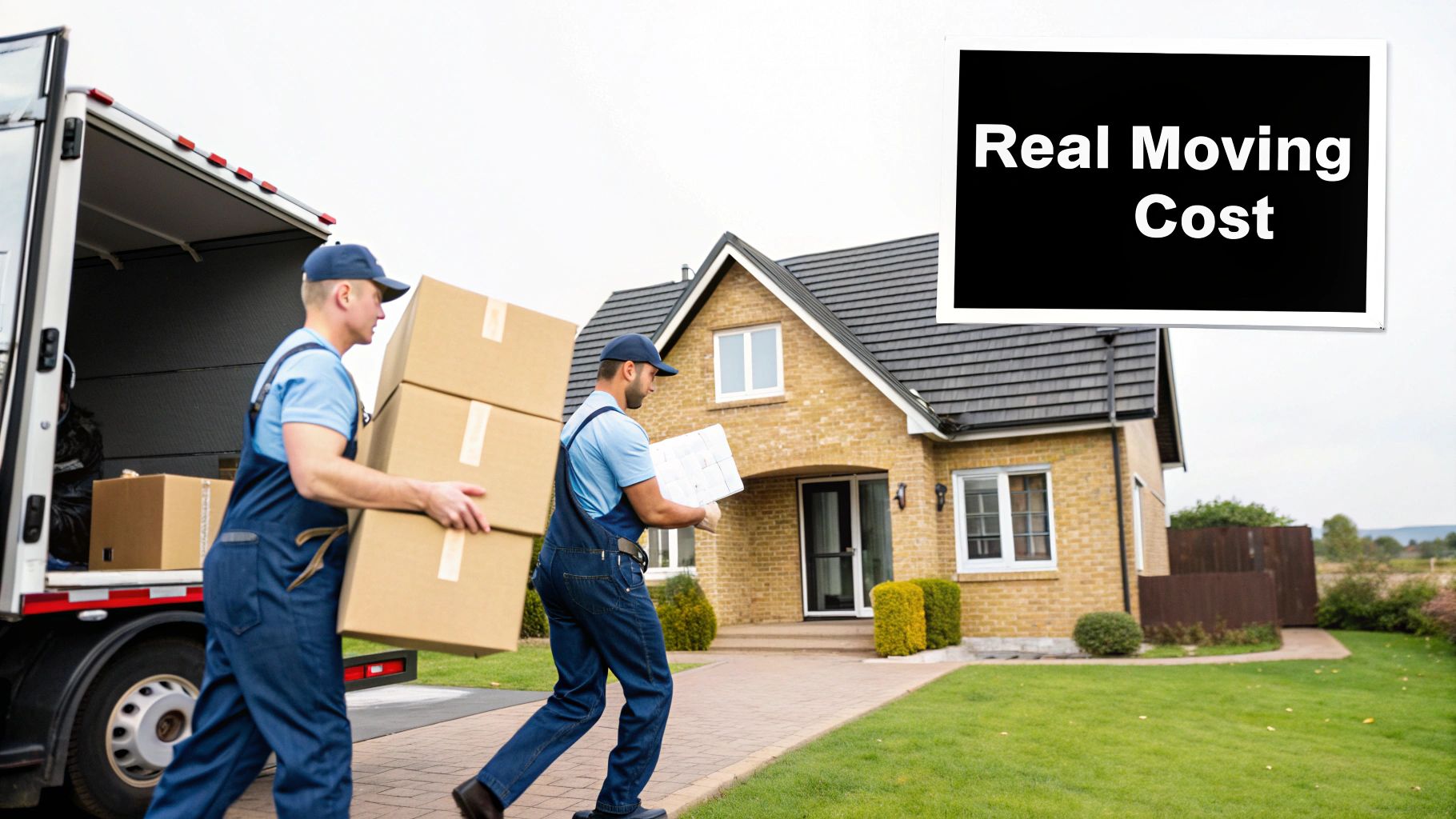 Two professional movers carry boxes from a moving truck to a brick house under a 'Real Moving Cost' sign.