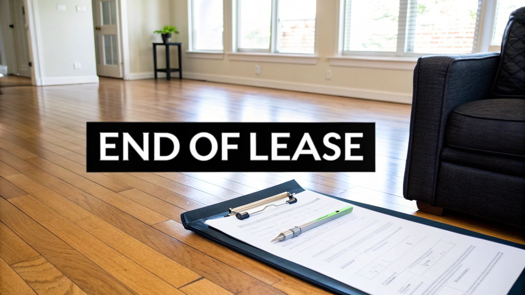 An 'END OF LEASE' sign prominently displayed on a shiny hardwood floor with a clipboard and pen.