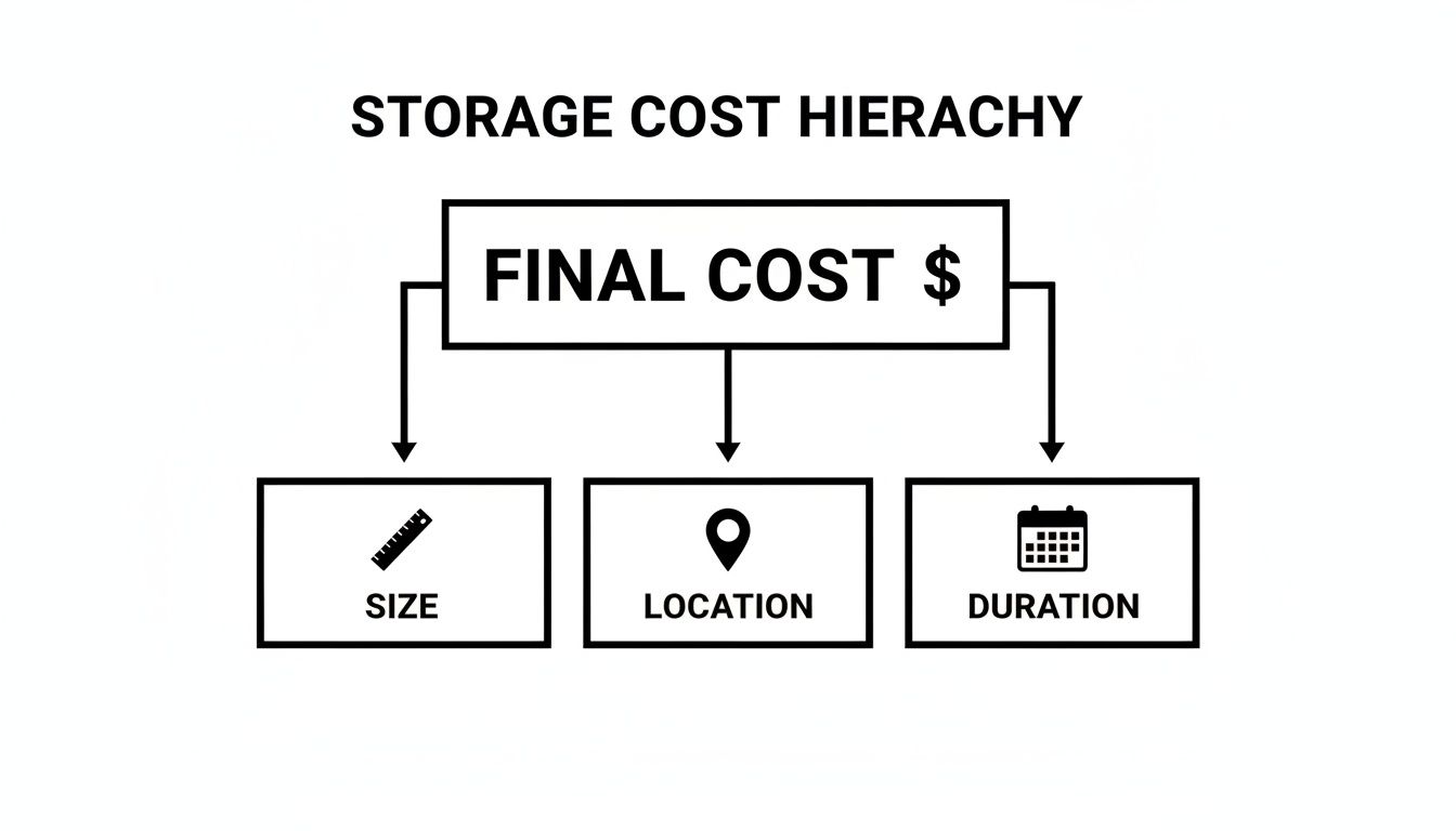 A storage cost hierarchy diagram showing the final cost determined by size, location, and duration.