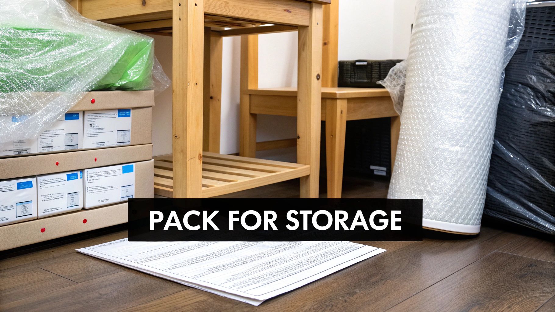 A person using a calculator with moving boxes in the background, symbolising budgeting for a move.
