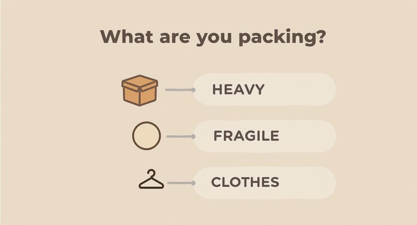 A graphic with the question "What are you packing?" offering three options: Heavy (with a box icon), Fragile (with a circle icon), and Clothes (with a hanger icon).