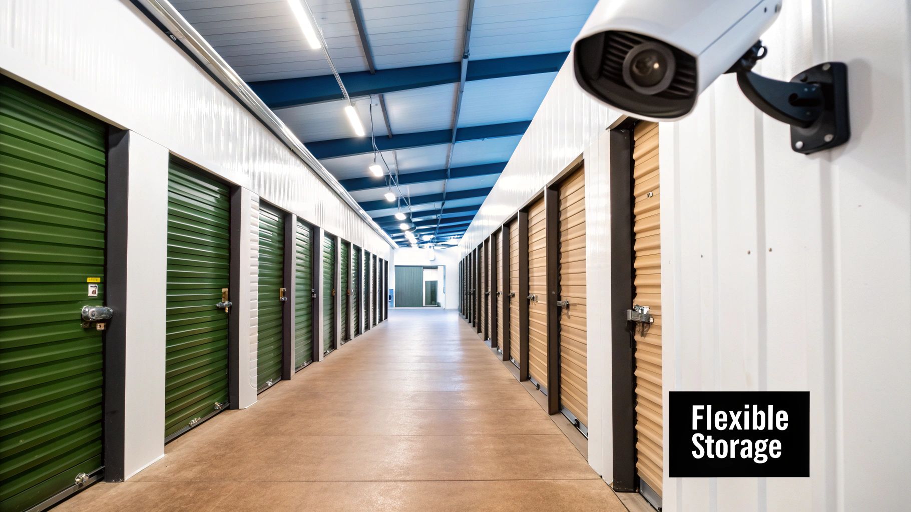 A secure, gated entrance to a modern storage facility with CCTV cameras visible.