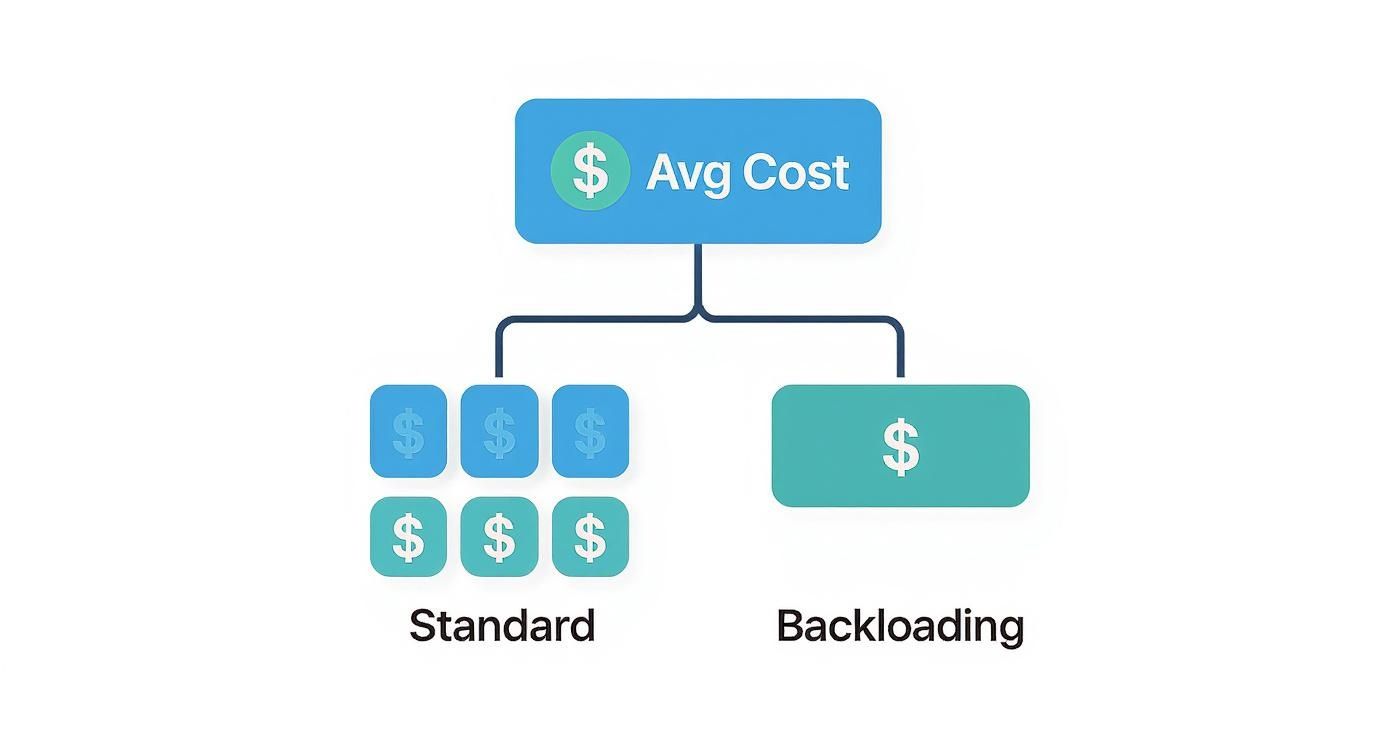 Flowchart showing average cost split between standard and backloading payment models.