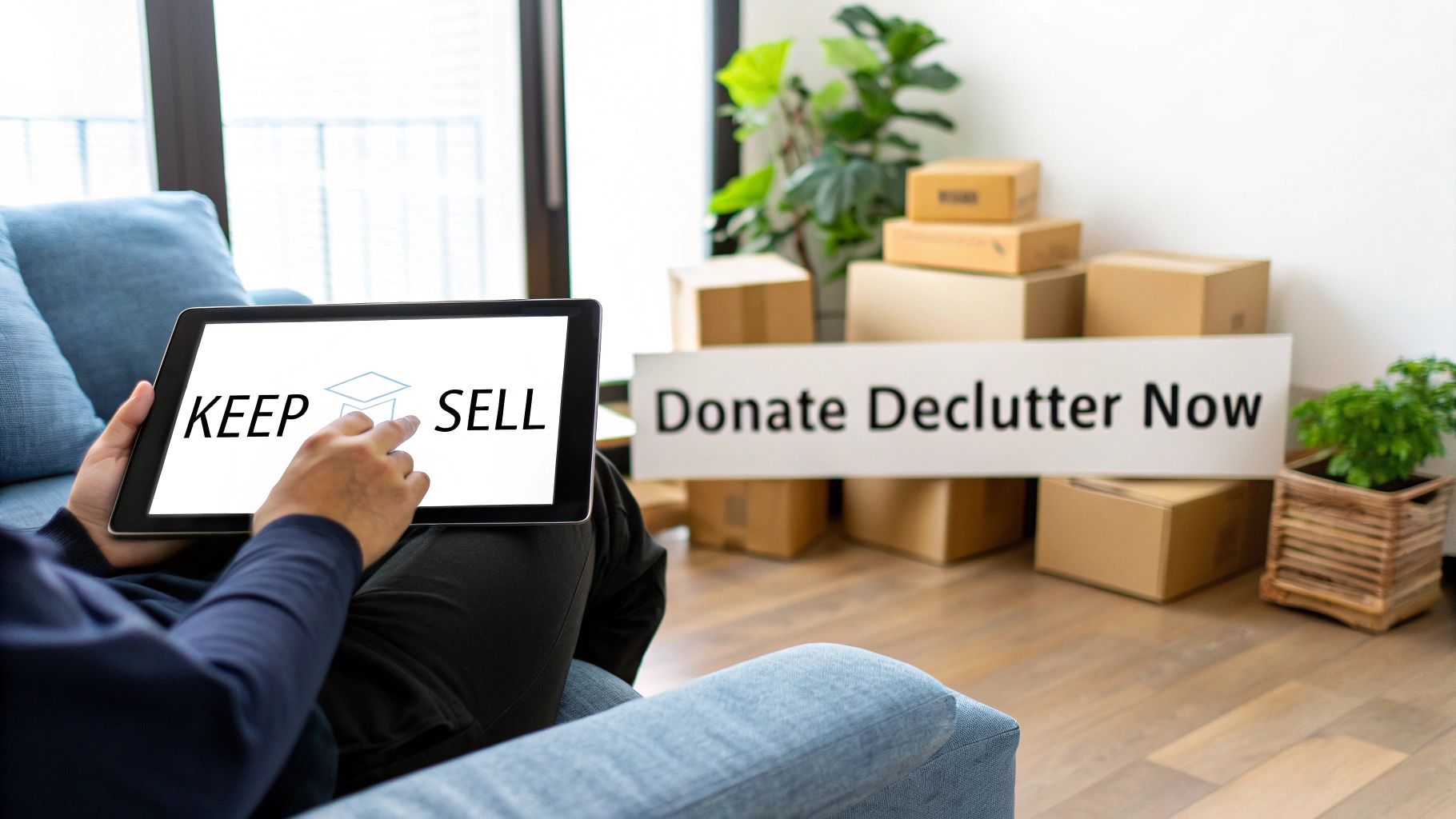 Person sorting items on a tablet into 'KEEP' or 'SELL' categories, with donation boxes nearby.