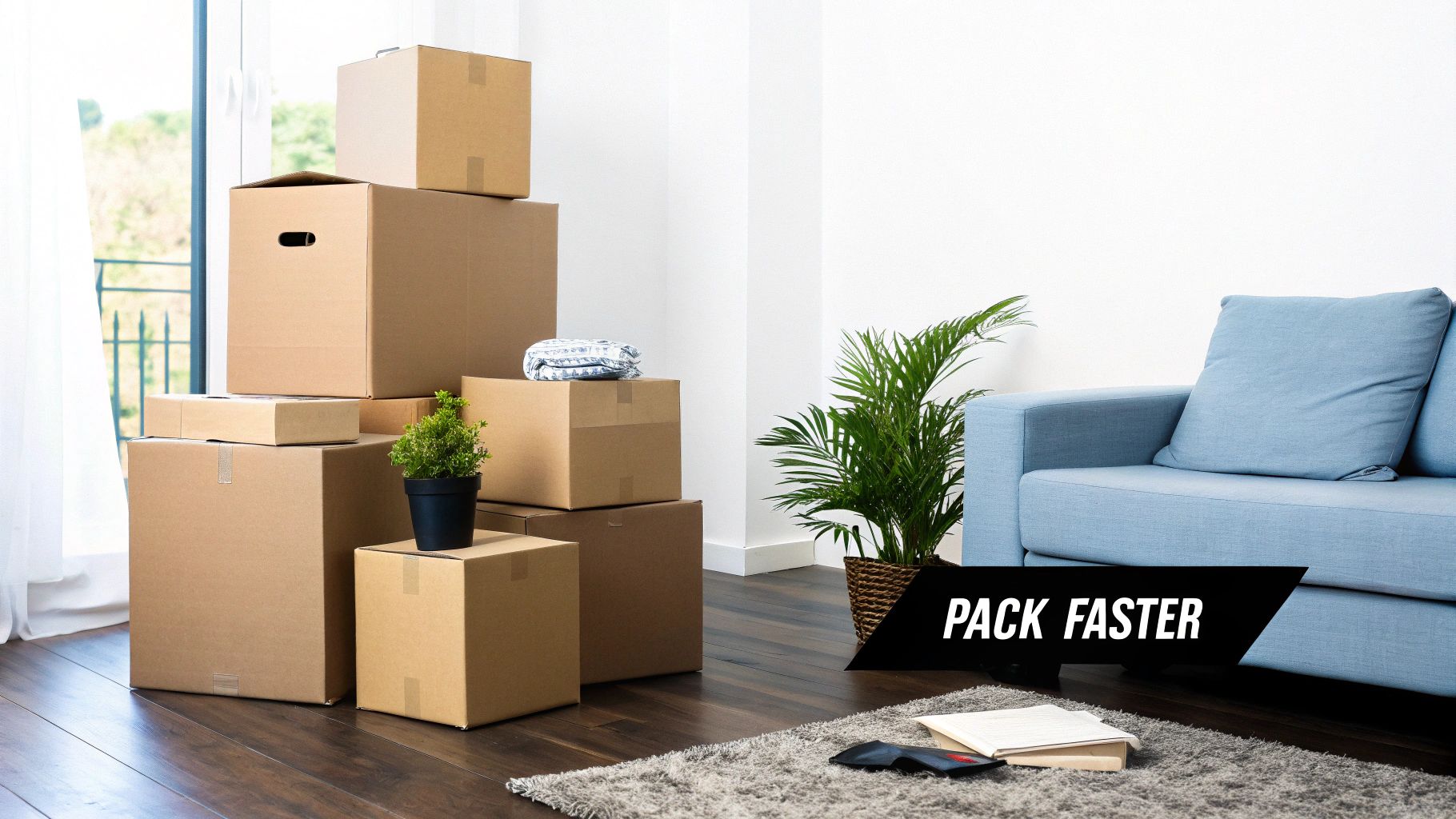 A room with stacked cardboard moving boxes, a blue sofa, and plants, indicating a home relocation.