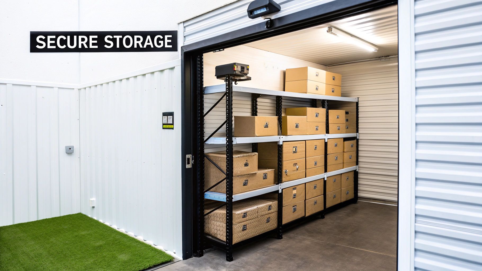 Interior view of a secure storage unit with shelves full of cardboard boxes, well-lit.