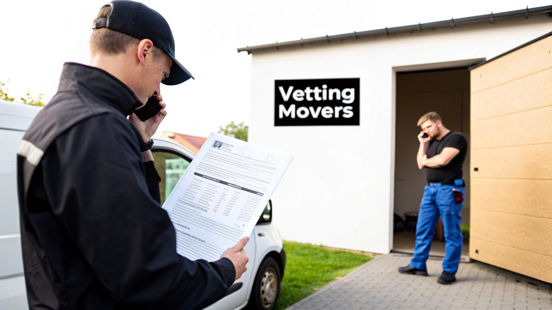 Professional moving company workers coordinating logistics outside Vetting Movers warehouse facility
