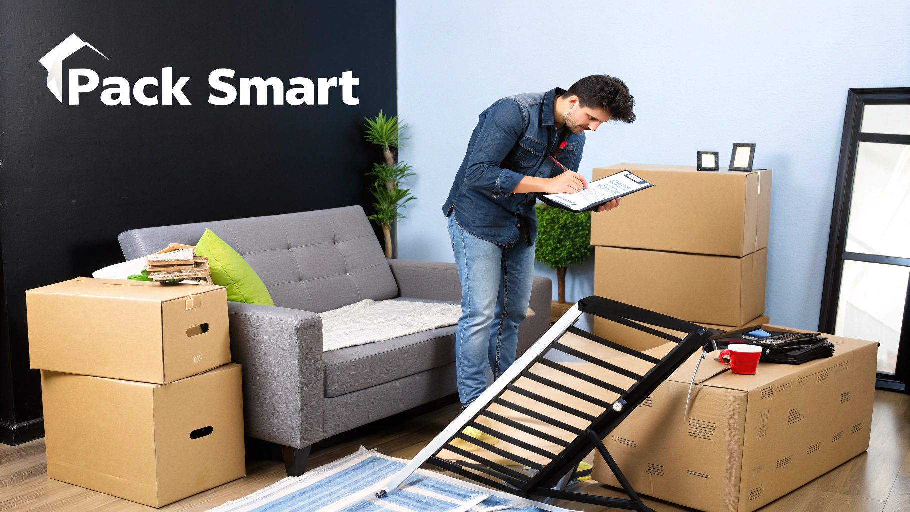 A man organizing moving boxes and furniture in a room with a 'Pack Smart' logo.