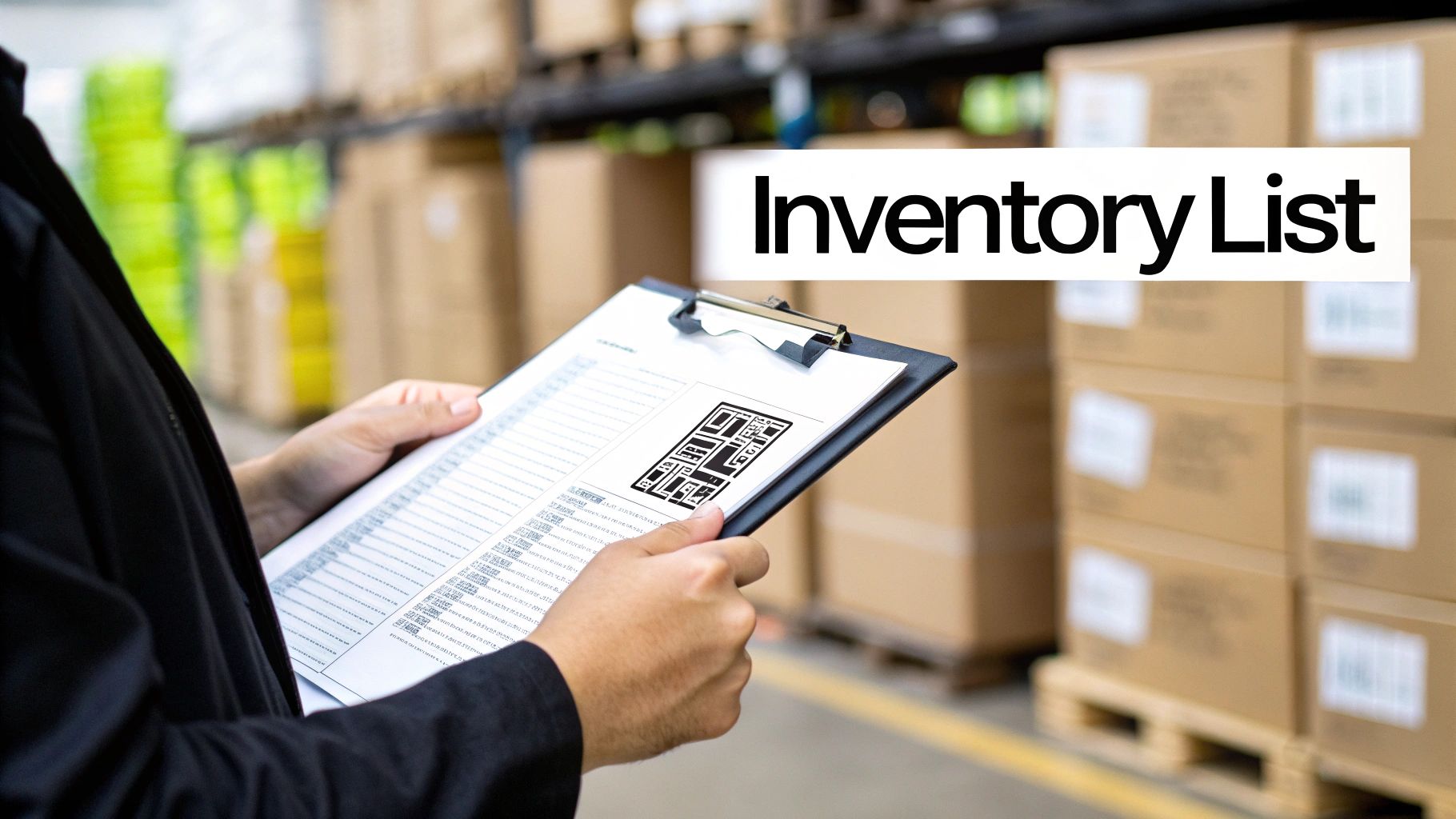 A person holds a clipboard with an inventory list in a warehouse setting, surrounded by stacked boxes.