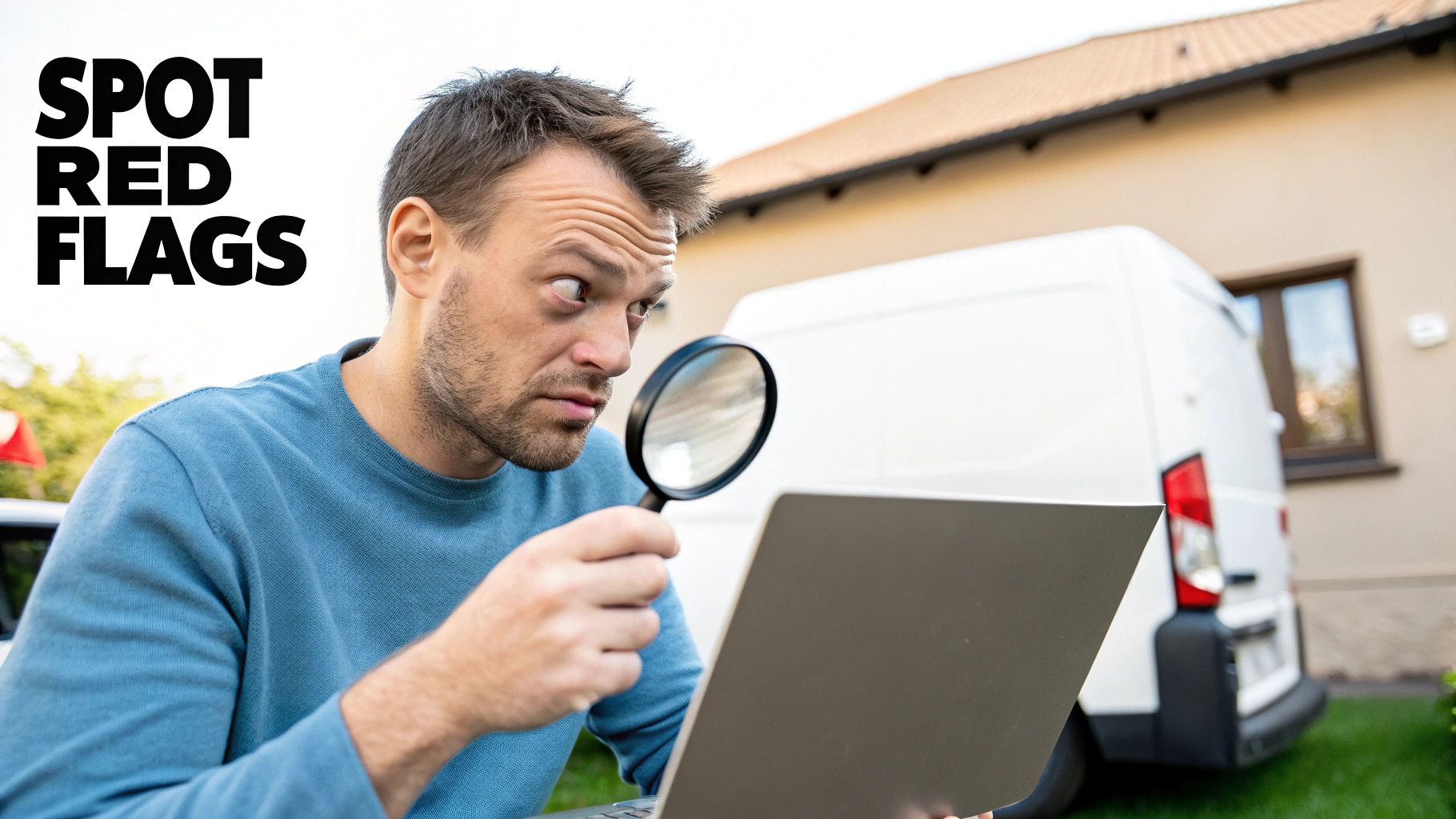 A man uses a magnifying glass to scrutinize a laptop screen with 'SPOT RED FLAGS' text.