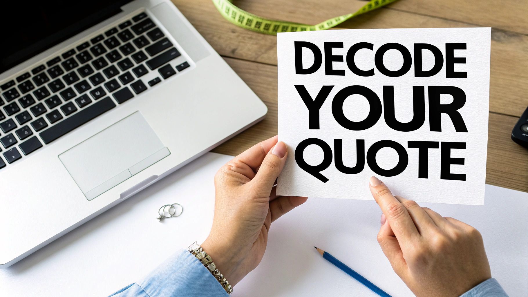 A person holds a white card with 'DECODE YOUR QUOTE' next to a laptop on a wooden desk.
