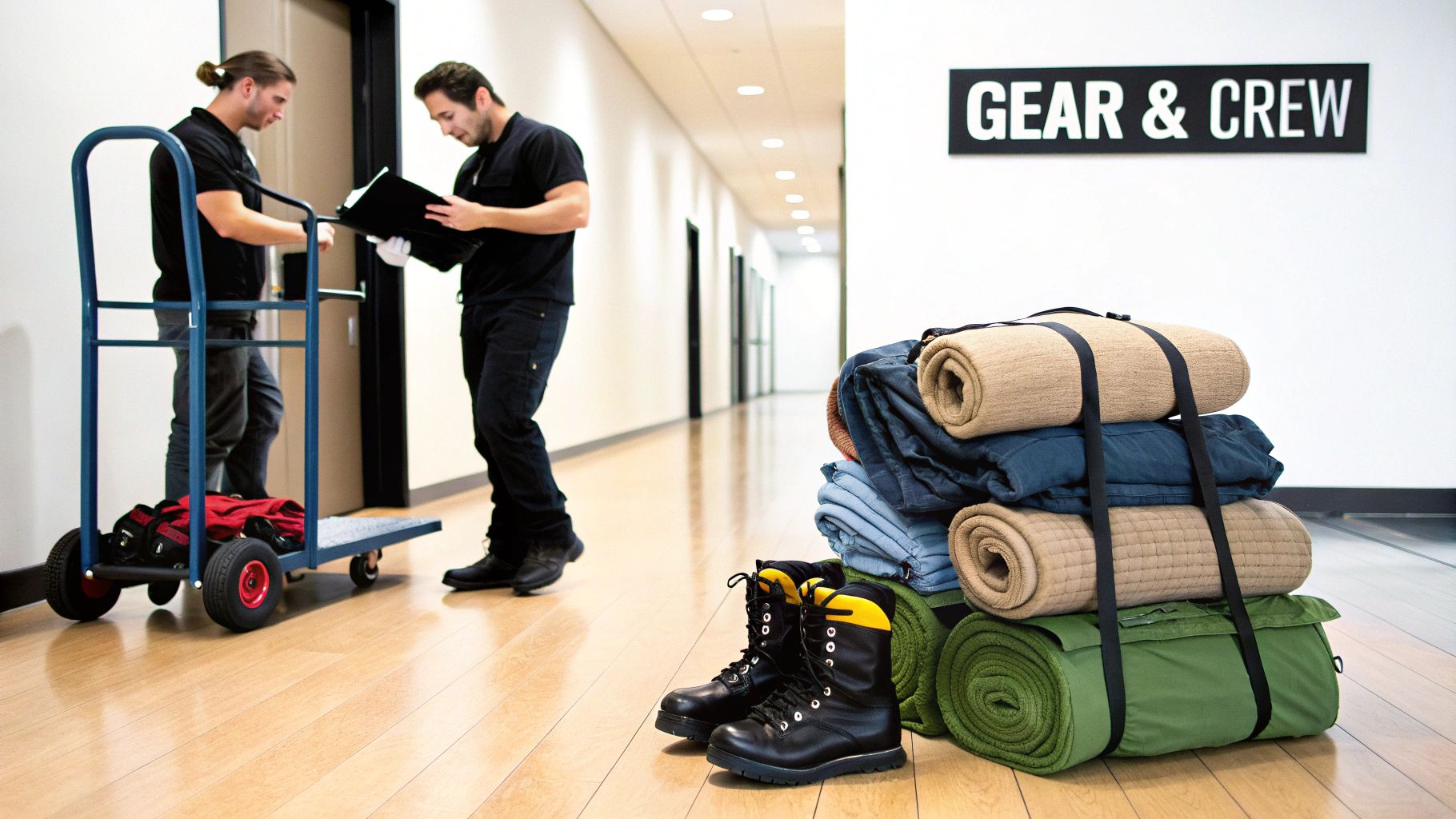 Two men checking items next to a hand truck, with stacked crew gear and boots.