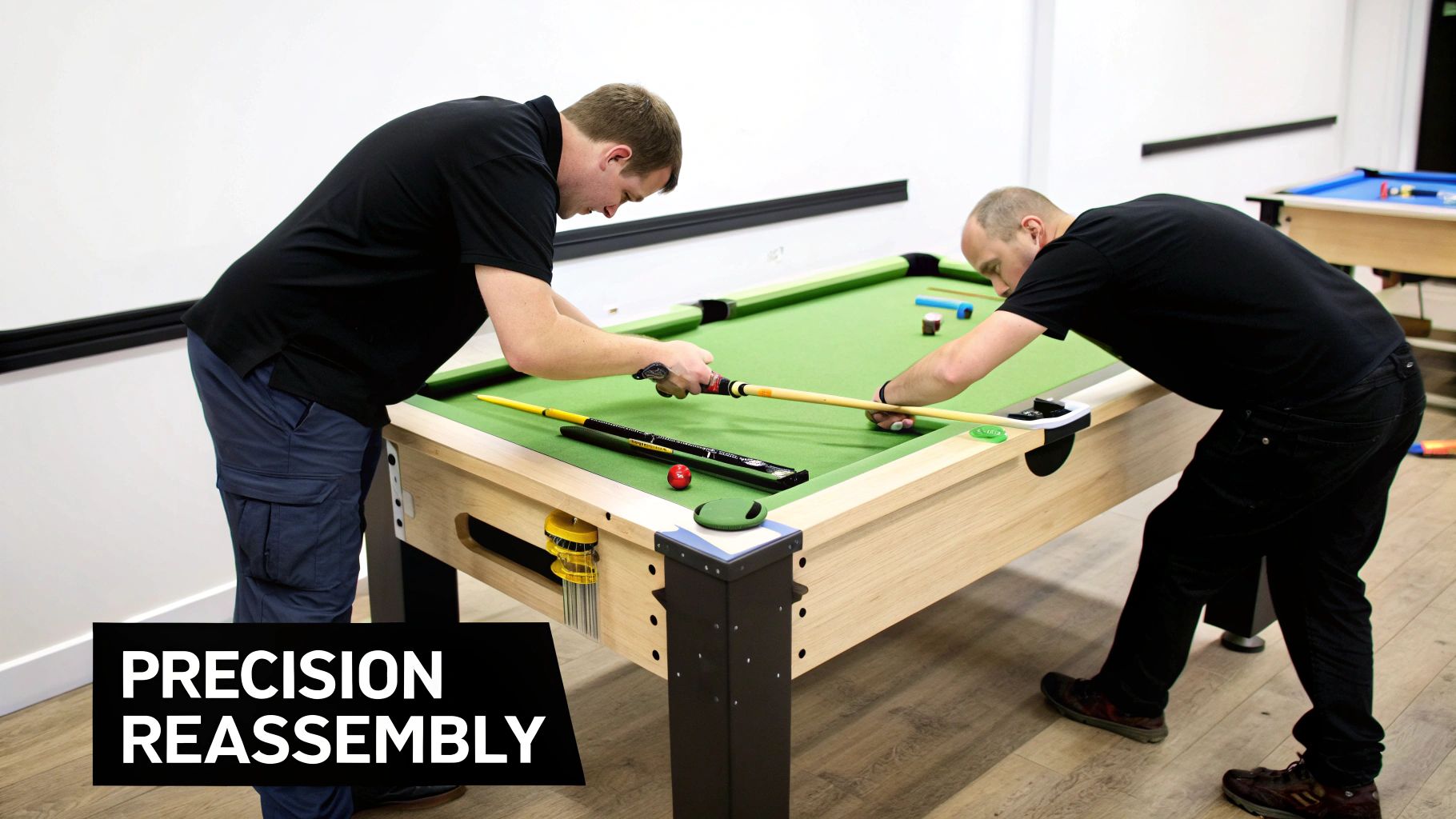 Two men meticulously reassembling a green felt pool table with cues and various accessories.
