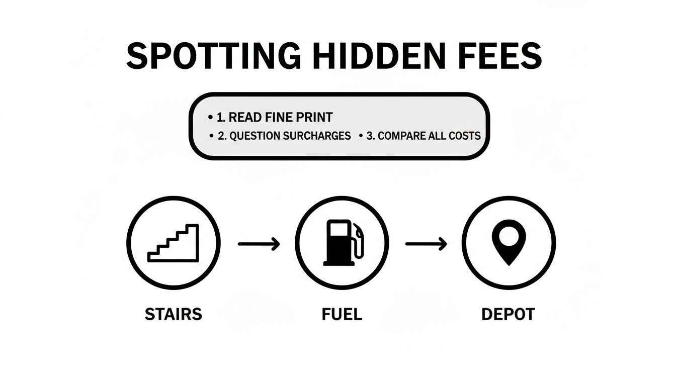 Infographic on spotting hidden fees: read fine print, question surcharges, compare all costs.