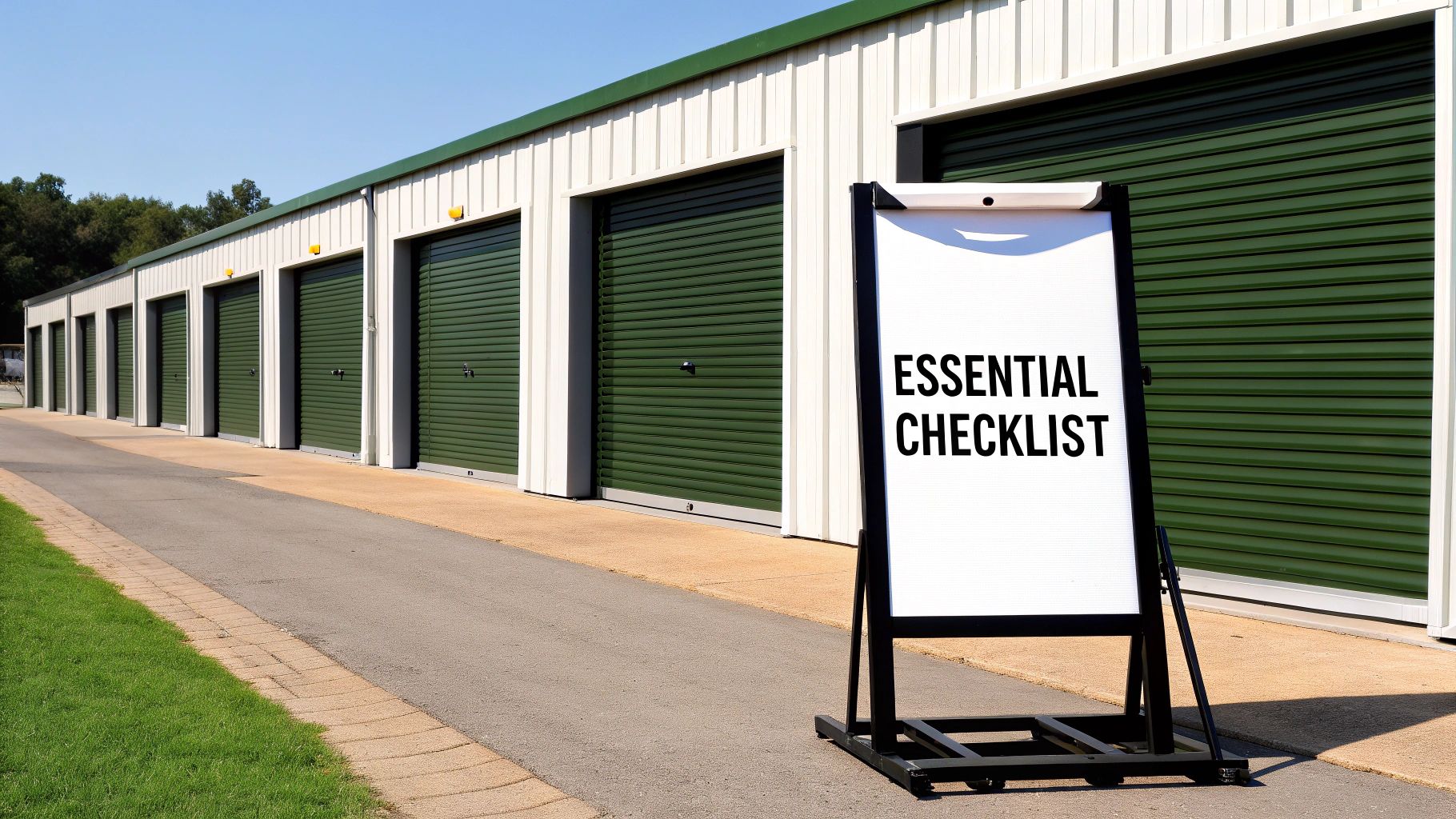 A well-organized storage unit with neatly stacked boxes and furniture.