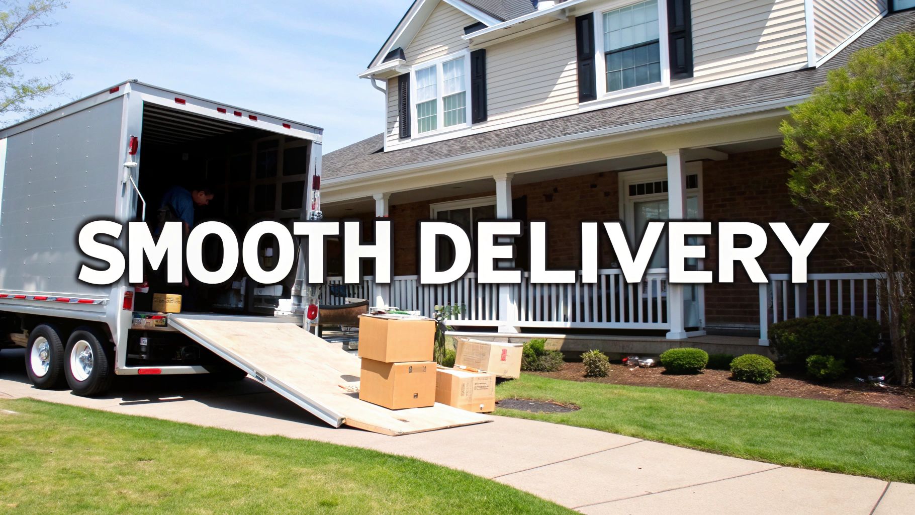 A person checking a clipboard as movers unload boxes from a truck into a new home.