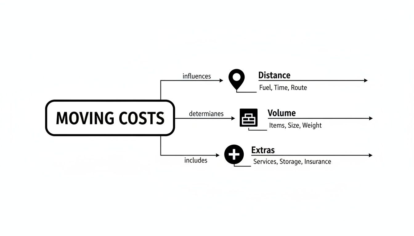 A diagram illustrating the factors influencing moving costs: distance, volume, and extras.