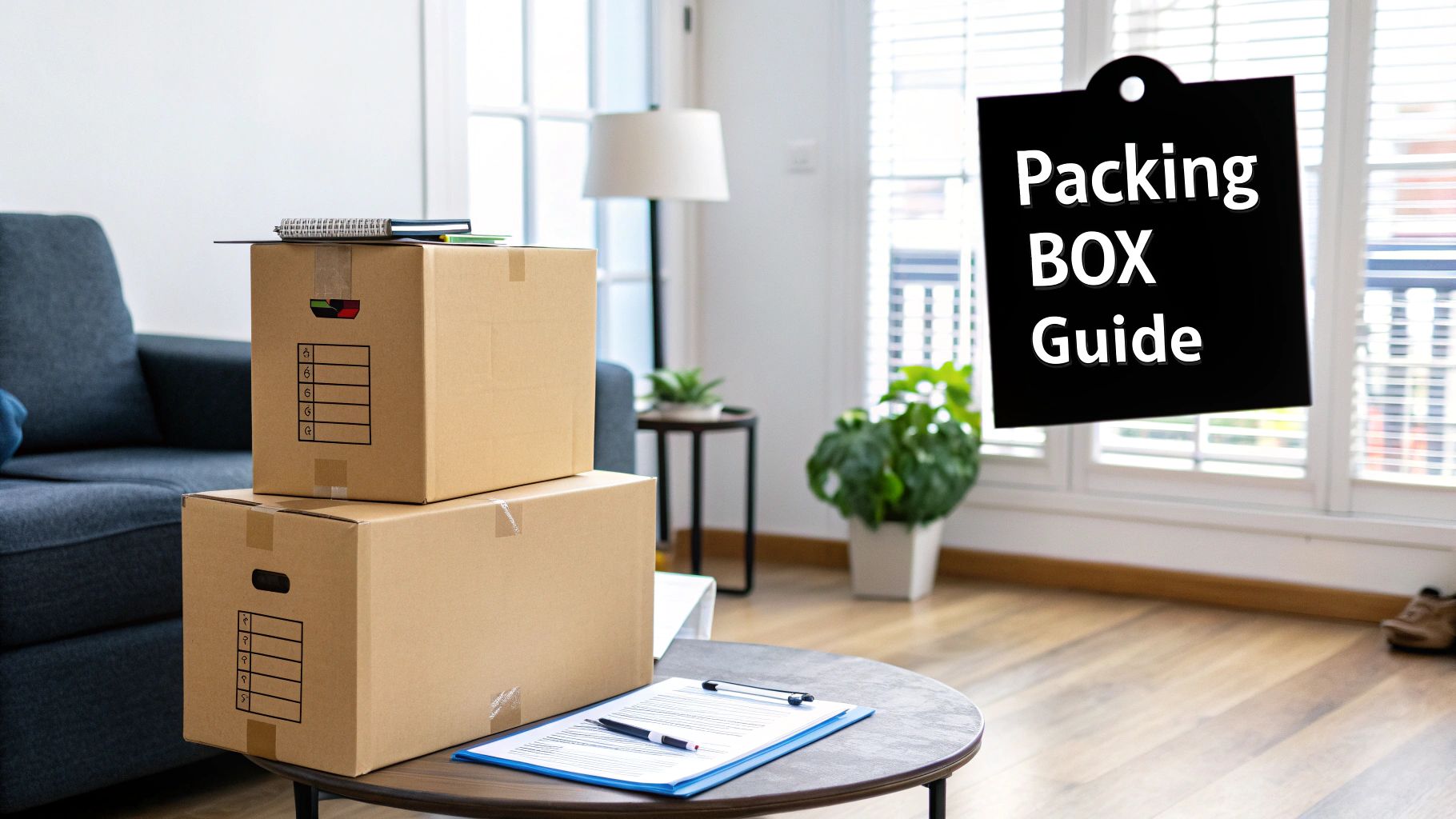 Cardboard packing boxes stacked in a home living room with a 'Packing BOX Guide' sign.