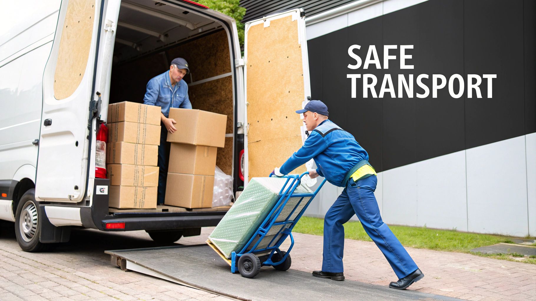 Two delivery workers load a white van with cardboard boxes and a large item on a hand truck.