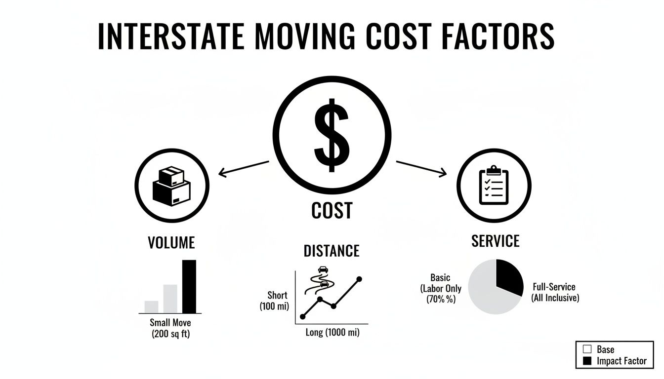 Diagram illustrating interstate moving cost factors: volume, distance, and service options.