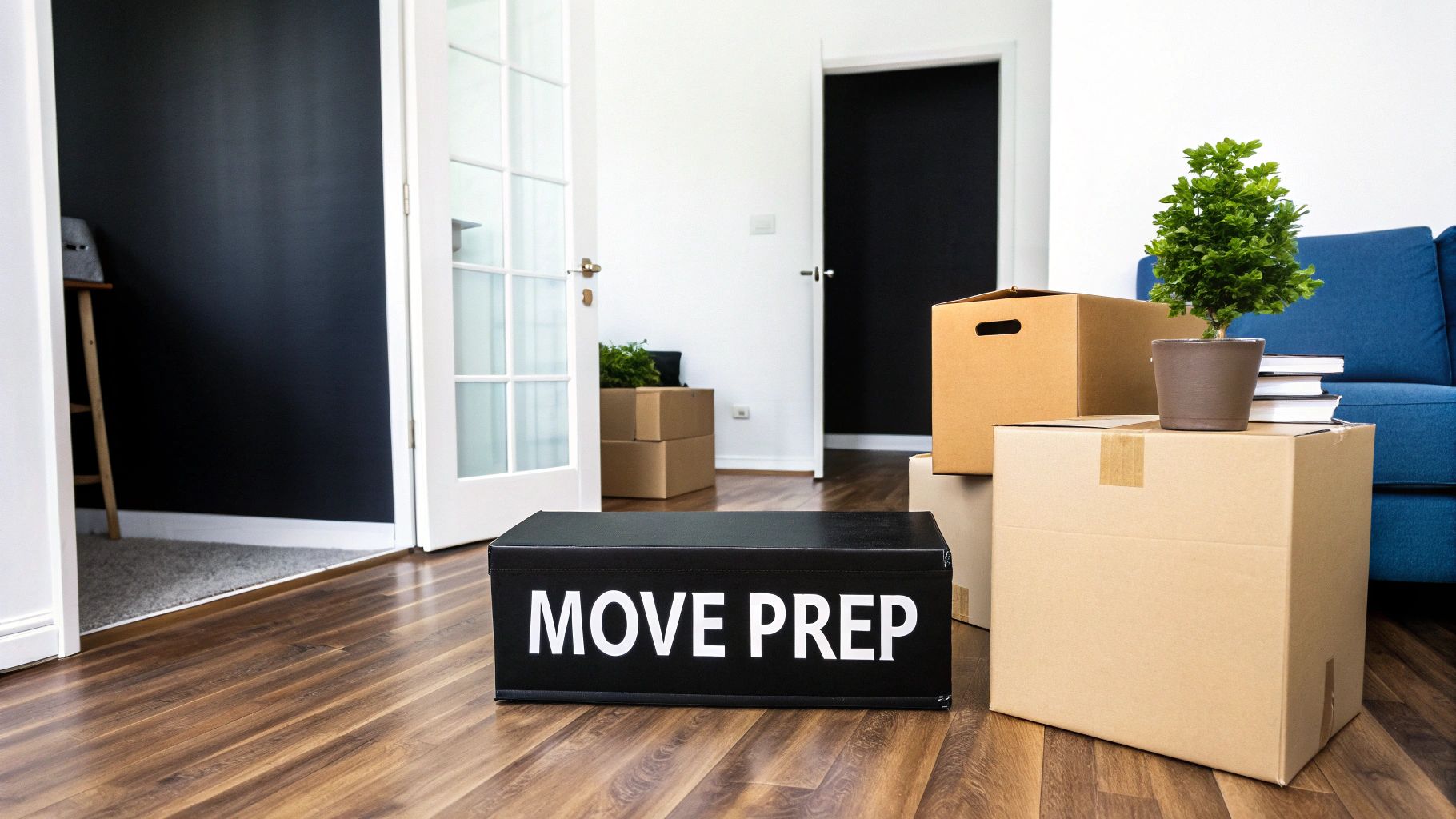 A neatly packed moving box is labeled and ready to be loaded by removalists.